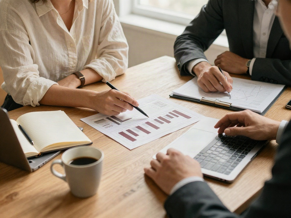A collaborative business review with printed analytics, a notebook, and a laptop